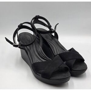 Crocs Leigh II Cross-strap Ankle Black Wedge Sandals Women's 10